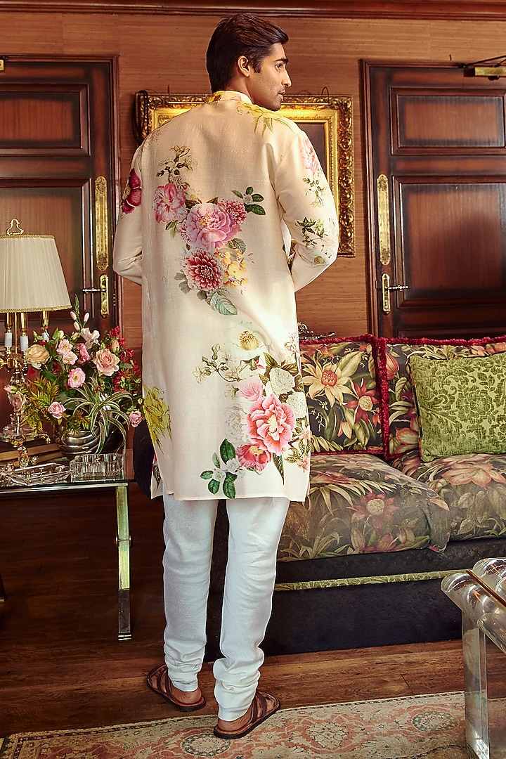 Blush Pink Chanderi Floral Printed Kurta Set by Kalista Men at Pernia's Pop Up Shop
