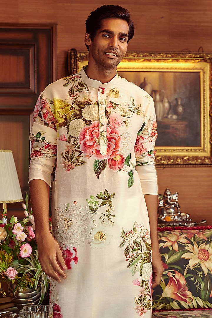 Blush Pink Chanderi Floral Printed Kurta Set by Kalista Men at Pernia's Pop Up Shop
