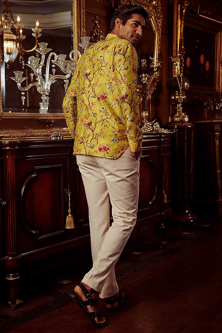 Mustard Chanderi Floral Printed Kurta Set by Kalista Men at Pernia's Pop Up Shop