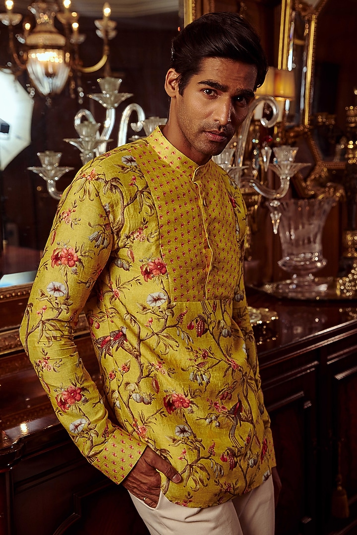 Mustard Chanderi Floral Printed Kurta Set by Kalista Men at Pernia's Pop Up Shop