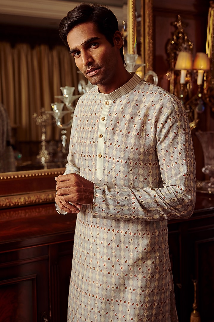 Powder Blue Chanderi Printed Kurta Set by Kalista Men at Pernia's Pop Up Shop