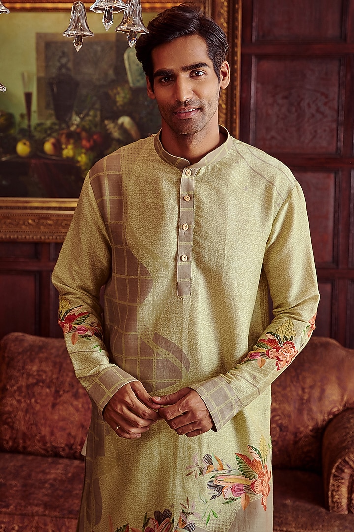 Mint Green & Grey Chanderi Kurta Set by Kalista Men at Pernia's Pop Up Shop