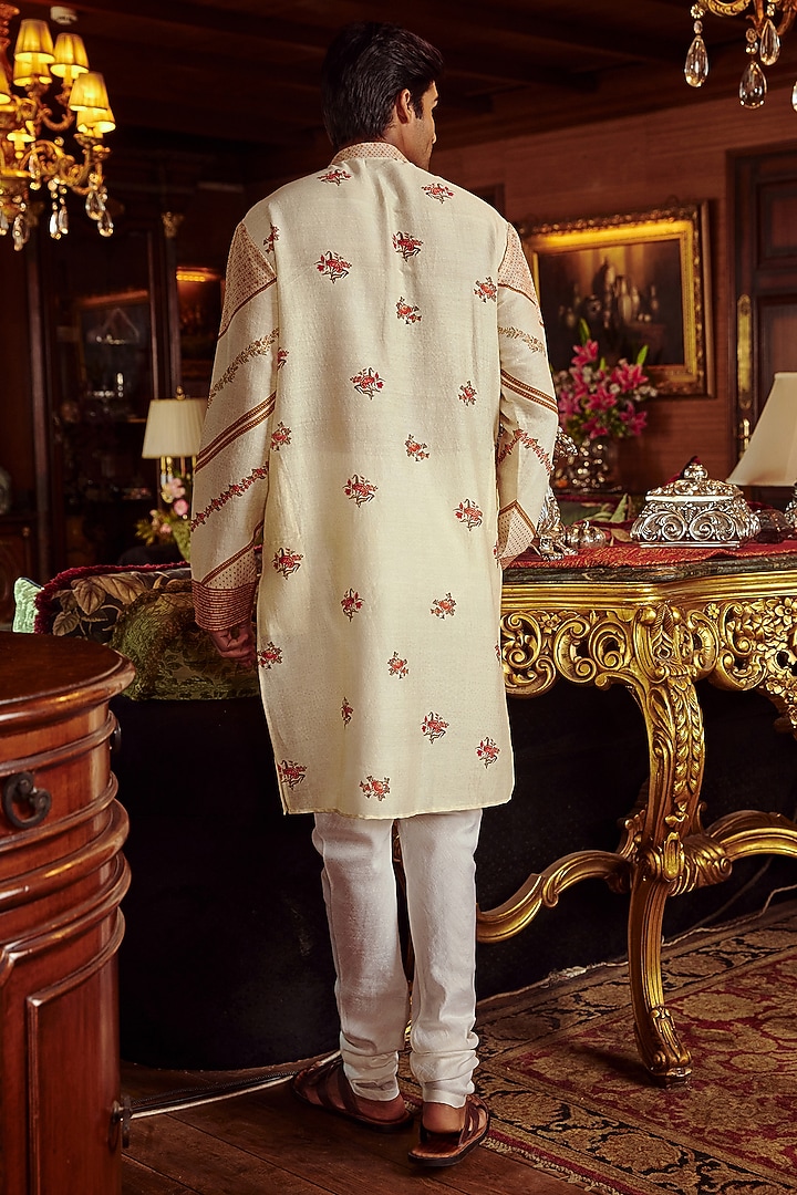 Cream Chanderi Floral Printed Kurta Set by Kalista Men at Pernia's Pop Up Shop