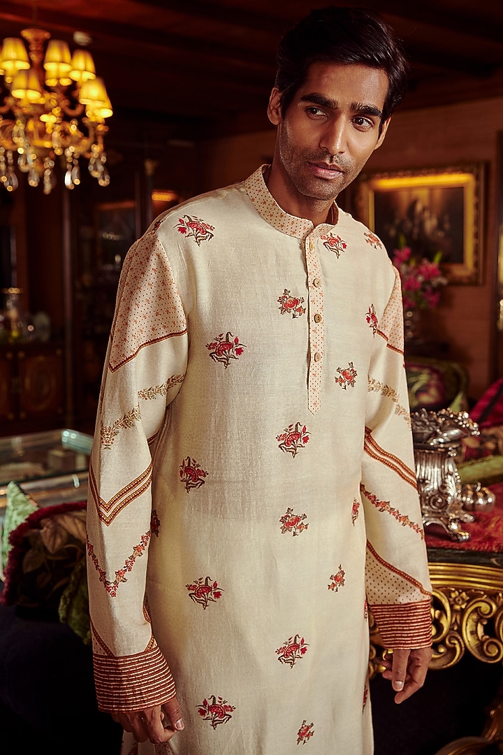 Cream Chanderi Floral Printed Kurta Set by Kalista Men at Pernia's Pop Up Shop