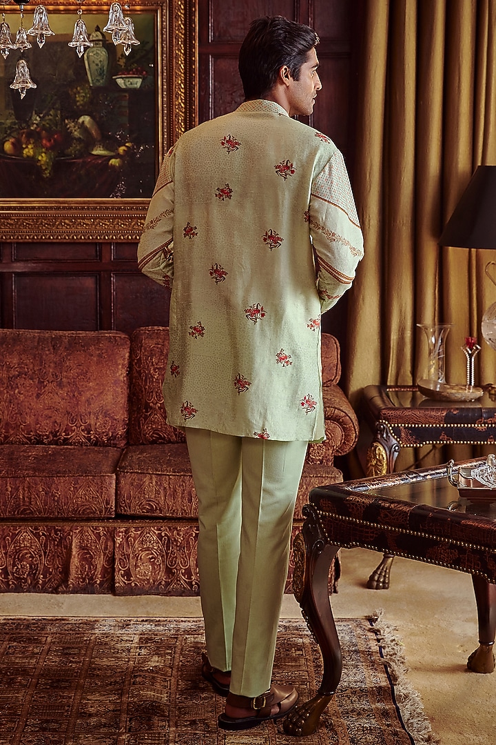 Mint Green Chanderi Floral Printed Kurta Set by Kalista Men at Pernia's Pop Up Shop
