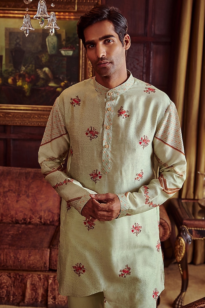 Mint Green Chanderi Floral Printed Kurta Set by Kalista Men at Pernia's Pop Up Shop