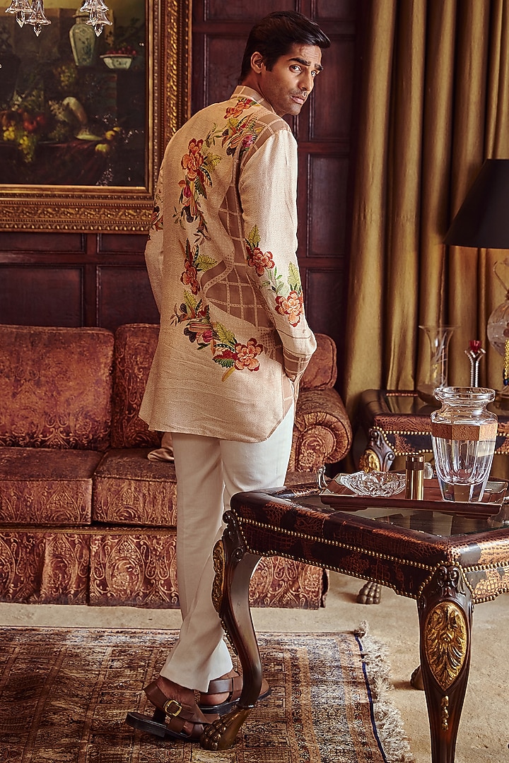Beige Chanderi Kurta Set by Kalista Men at Pernia's Pop Up Shop
