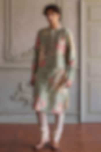 Soft Mint Chanderi Silk Floral Printed Kurta Set by Kalista Men at Pernia's Pop Up Shop