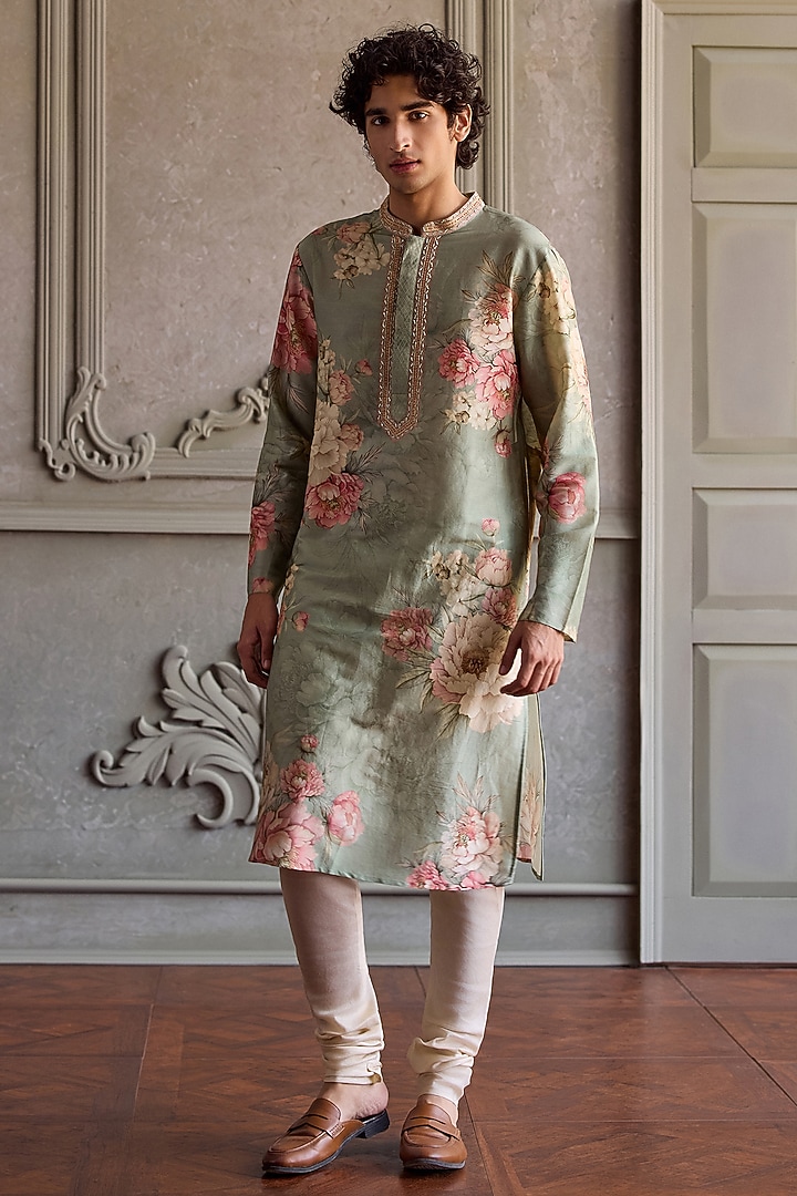 Soft Mint Chanderi Silk Floral Printed Kurta Set by Kalista Men at Pernia's Pop Up Shop