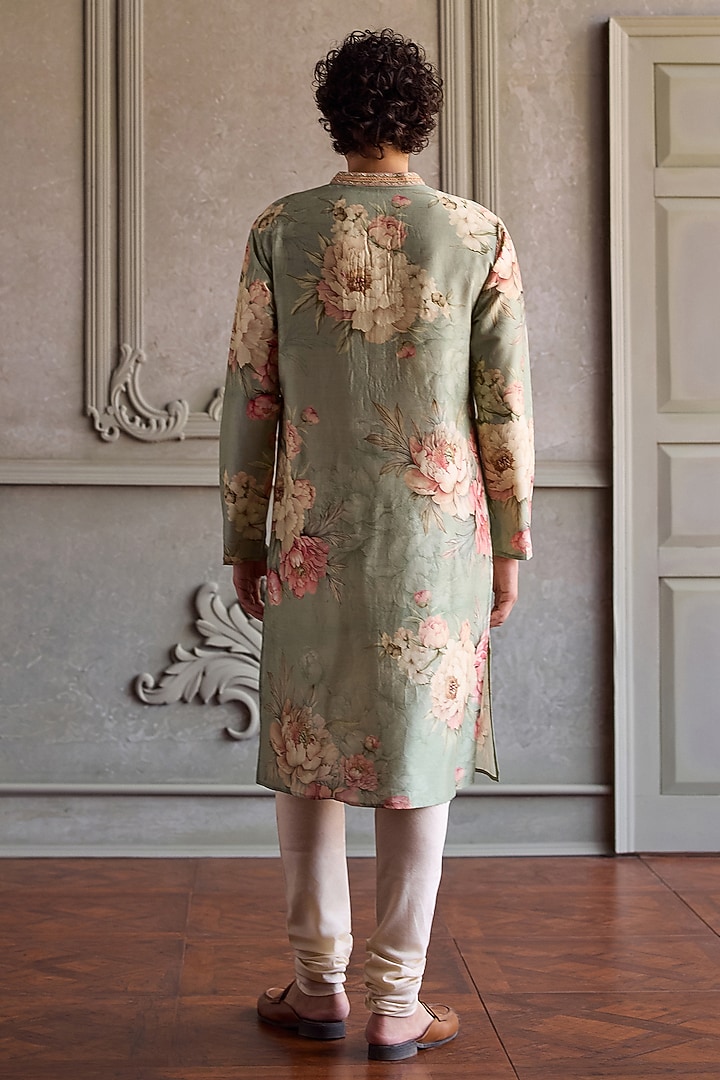 Soft Mint Chanderi Silk Floral Printed Kurta Set by Kalista Men at Pernia's Pop Up Shop