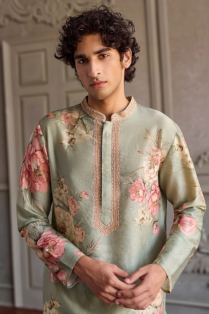 Soft Mint Chanderi Silk Floral Printed Kurta Set by Kalista Men at Pernia's Pop Up Shop