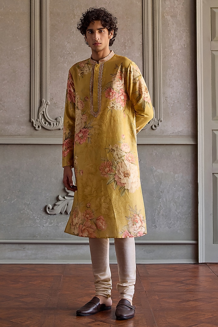 Lemon Yellow Chanderi Silk Floral Printed Kurta Set by Kalista Men at Pernia's Pop Up Shop