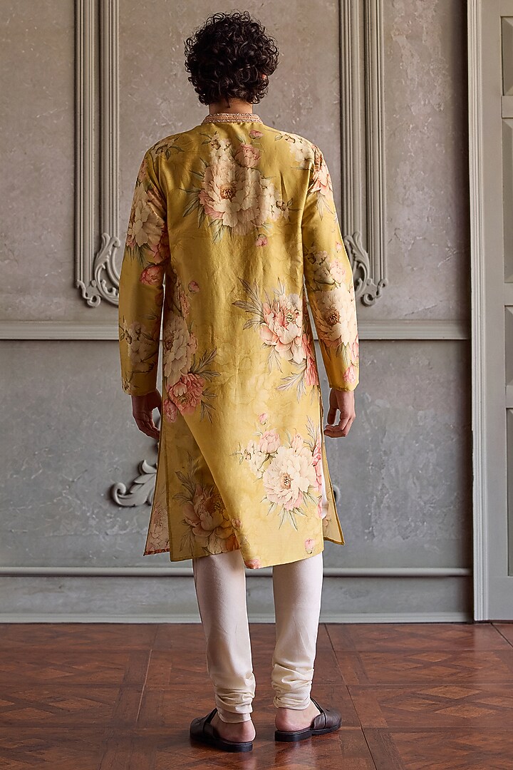 Lemon Yellow Chanderi Silk Floral Printed Kurta Set by Kalista Men at Pernia's Pop Up Shop