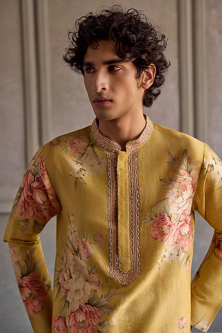 Lemon Yellow Chanderi Silk Floral Printed Kurta Set by Kalista Men at Pernia's Pop Up Shop