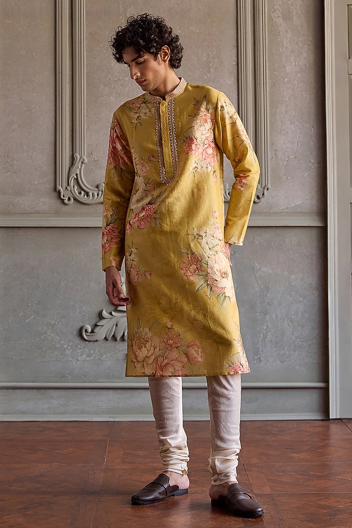 Lemon Yellow Chanderi Silk Floral Printed Kurta Set by Kalista Men at Pernia's Pop Up Shop