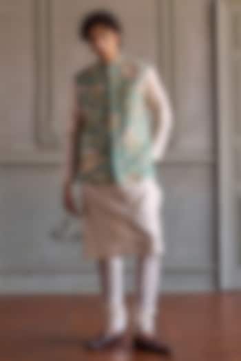 Aqua Viscose Silk & Chanderi Floral Printed Bundi Jacket Set by Kalista Men at Pernia's Pop Up Shop