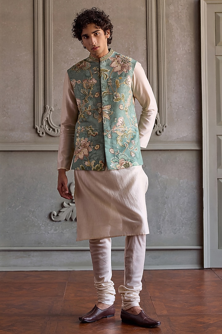 Aqua Viscose Silk & Chanderi Floral Printed Bundi Jacket Set by Kalista Men at Pernia's Pop Up Shop