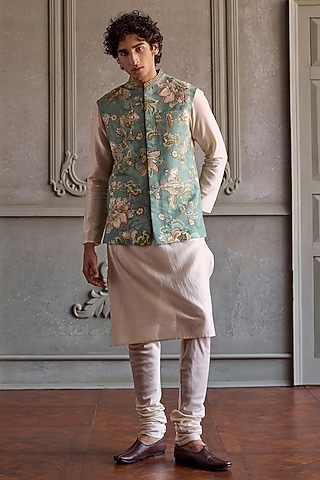 Aqua Viscose Silk & Chanderi Floral Printed Bundi Jacket Set by Kalista Men
