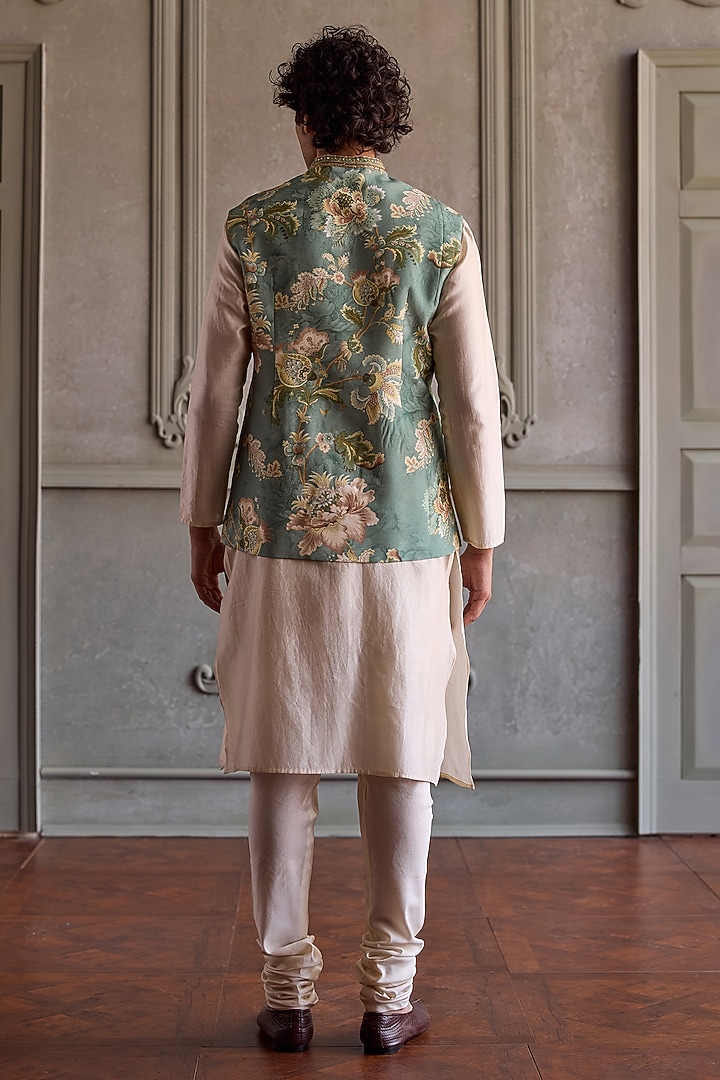 Aqua Viscose Silk & Chanderi Floral Printed Bundi Jacket Set by Kalista Men at Pernia's Pop Up Shop