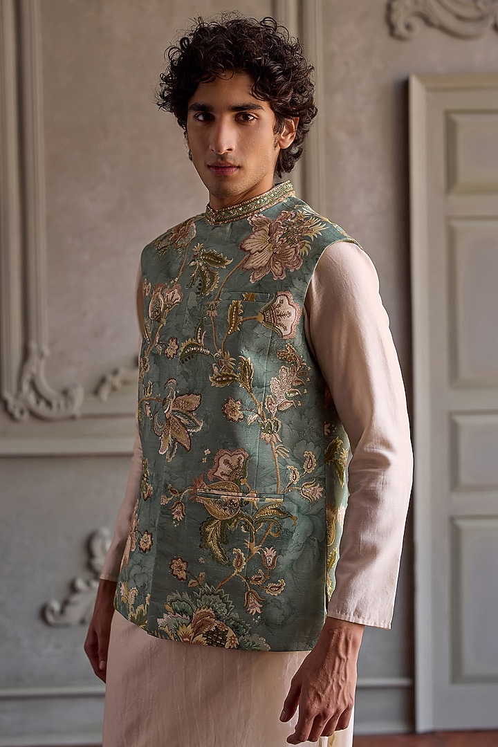 Aqua Viscose Silk & Chanderi Floral Printed Bundi Jacket Set by Kalista Men at Pernia's Pop Up Shop