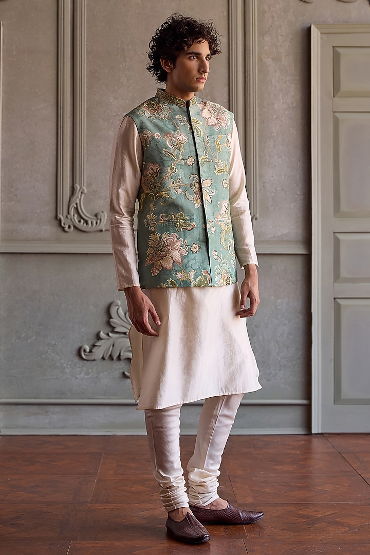 Aqua Viscose Silk & Chanderi Floral Printed Bundi Jacket Set by Kalista Men at Pernia's Pop Up Shop