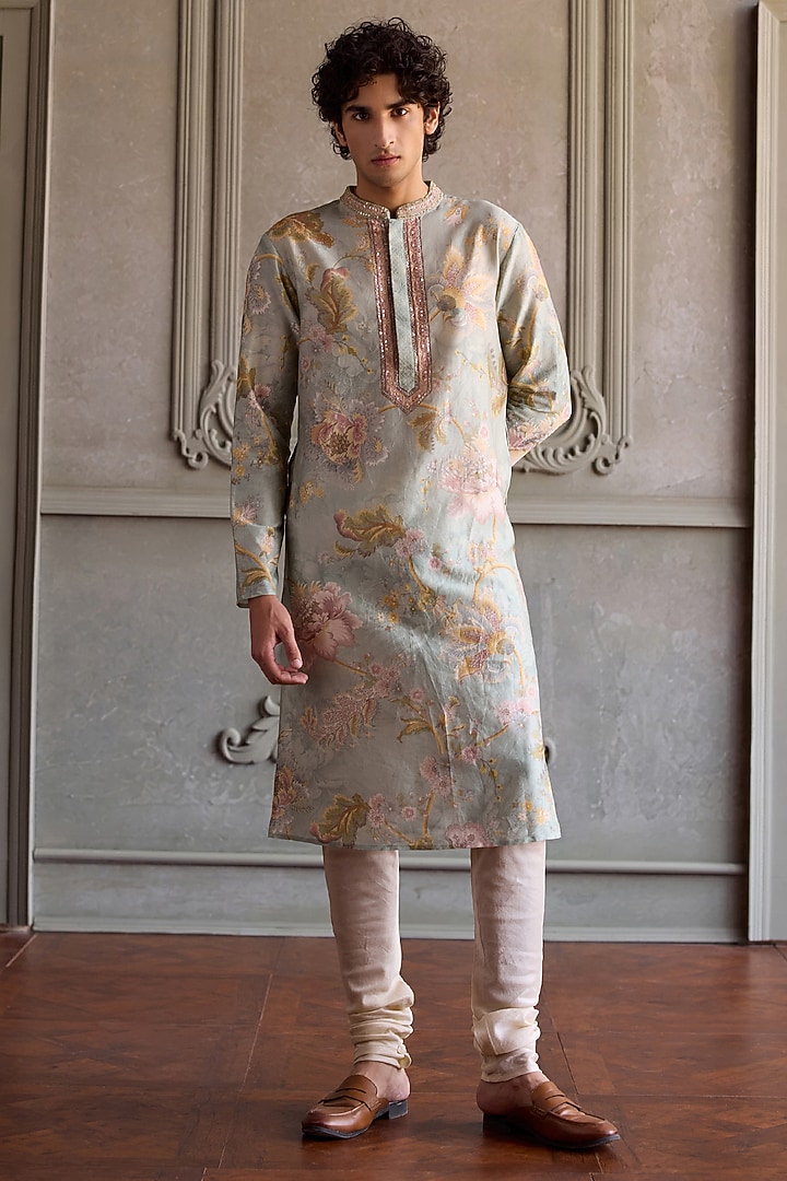 Soft Mint Chanderi Silk Floral Printed Kurta Set by Kalista Men at Pernia's Pop Up Shop