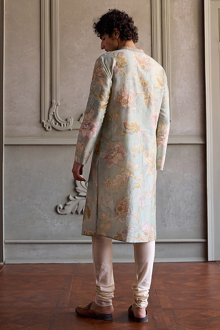 Soft Mint Chanderi Silk Floral Printed Kurta Set by Kalista Men at Pernia's Pop Up Shop