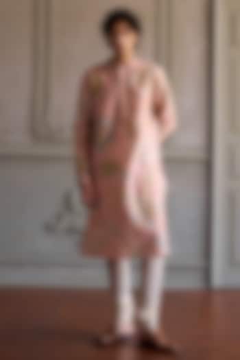 Powder Pink Chanderi Silk Floral Printed Kurta Set by Kalista Men at Pernia's Pop Up Shop