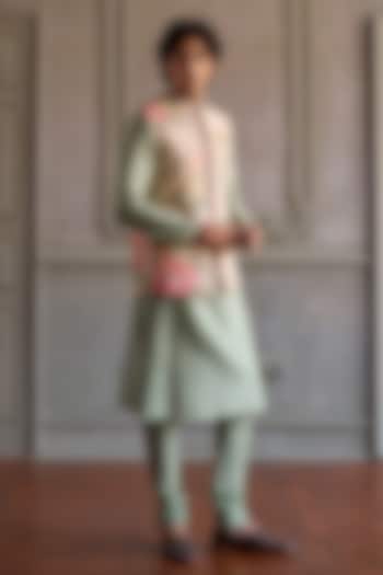 Beige Viscose Silk & Chanderi Printed Bundi Jacket Set by Kalista Men at Pernia's Pop Up Shop