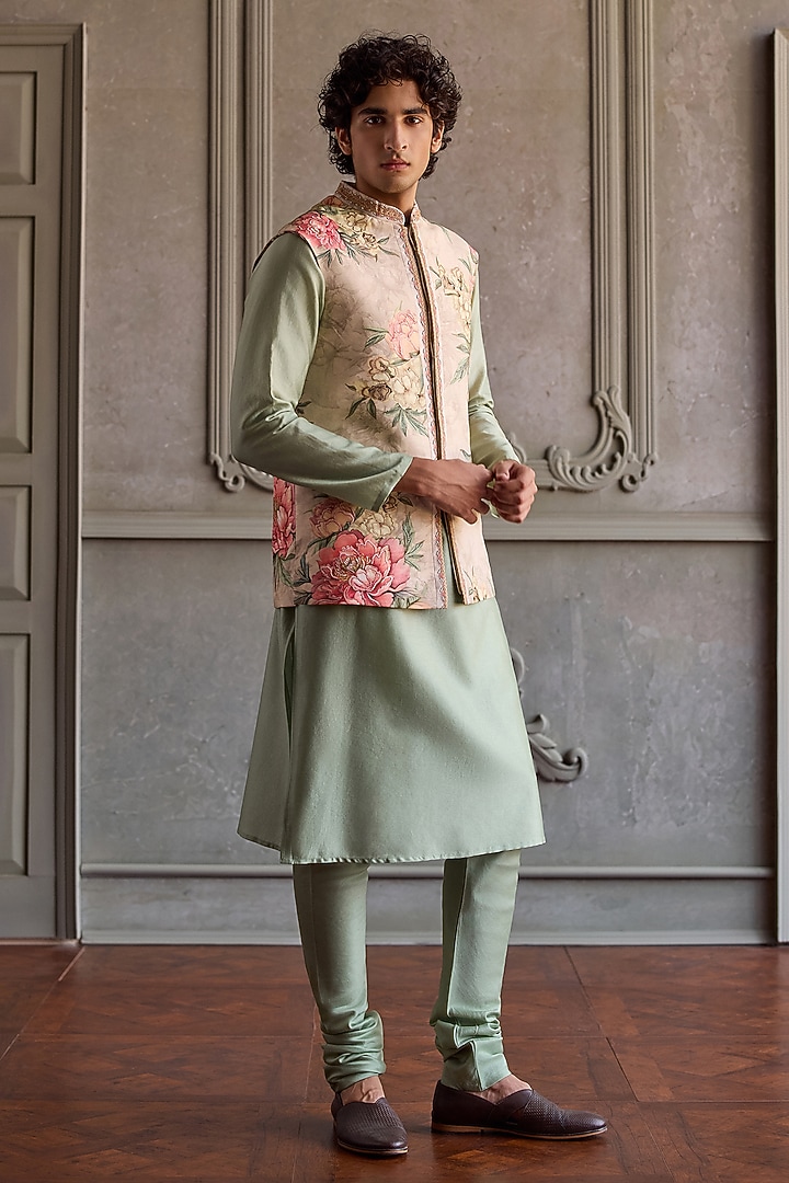 Beige Viscose Silk & Chanderi Printed Bundi Jacket Set by Kalista Men at Pernia's Pop Up Shop