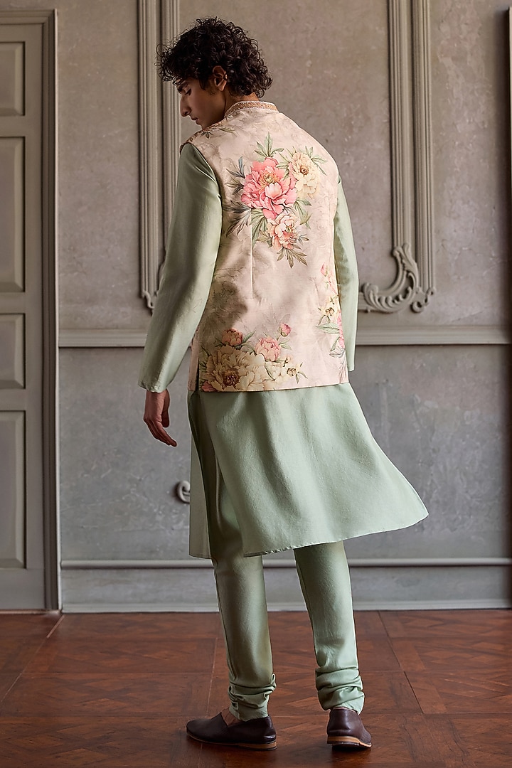 Beige Viscose Silk & Chanderi Printed Bundi Jacket Set by Kalista Men at Pernia's Pop Up Shop