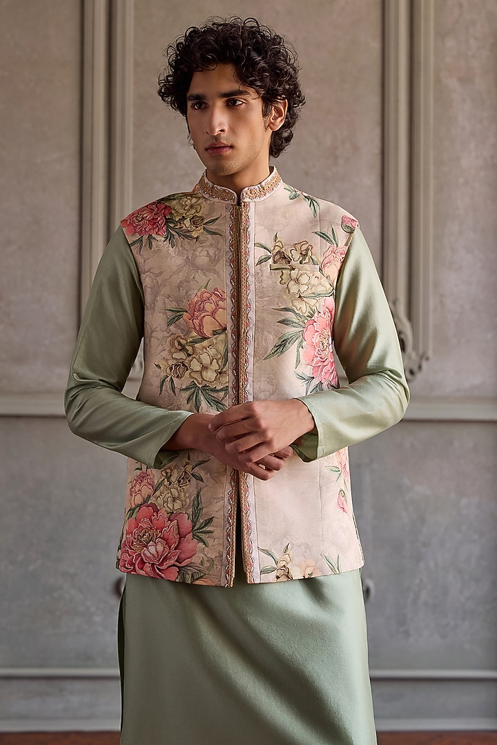 Beige Viscose Silk & Chanderi Printed Bundi Jacket Set by Kalista Men at Pernia's Pop Up Shop