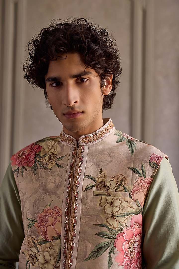 Beige Viscose Silk & Chanderi Printed Bundi Jacket Set by Kalista Men at Pernia's Pop Up Shop