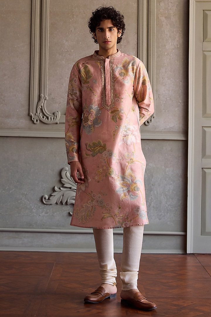 Powder Pink Chanderi Silk Floral Printed Kurta Set by Kalista Men at Pernia's Pop Up Shop