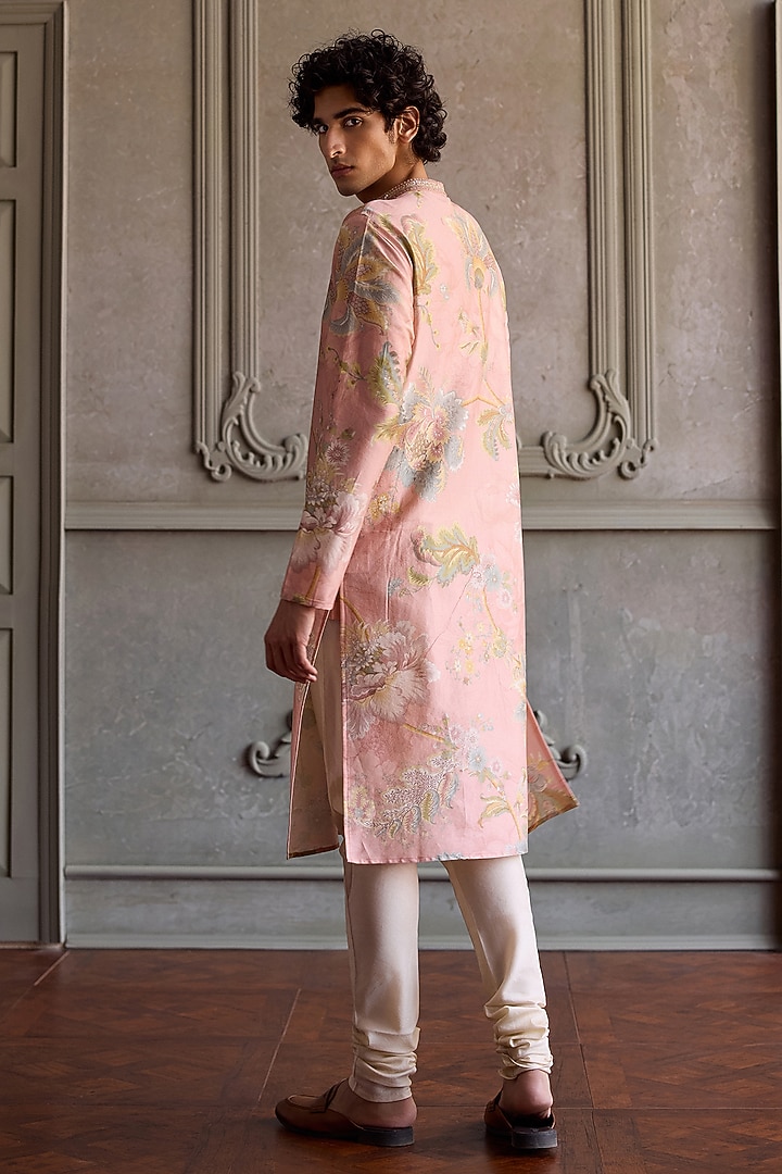Powder Pink Chanderi Silk Floral Printed Kurta Set by Kalista Men at Pernia's Pop Up Shop