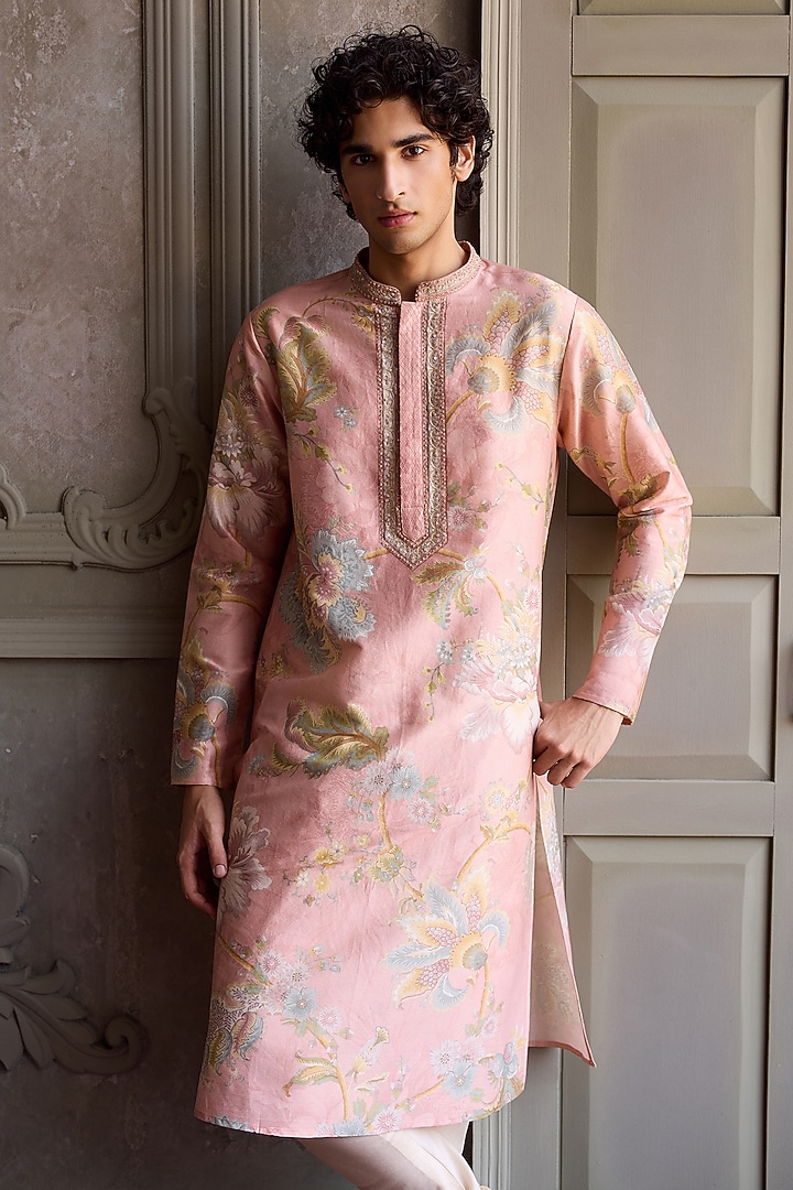 Powder Pink Chanderi Silk Floral Printed Kurta Set by Kalista Men at Pernia's Pop Up Shop