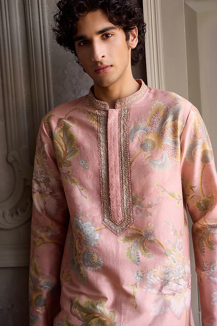 Powder Pink Chanderi Silk Floral Printed Kurta Set by Kalista Men at Pernia's Pop Up Shop