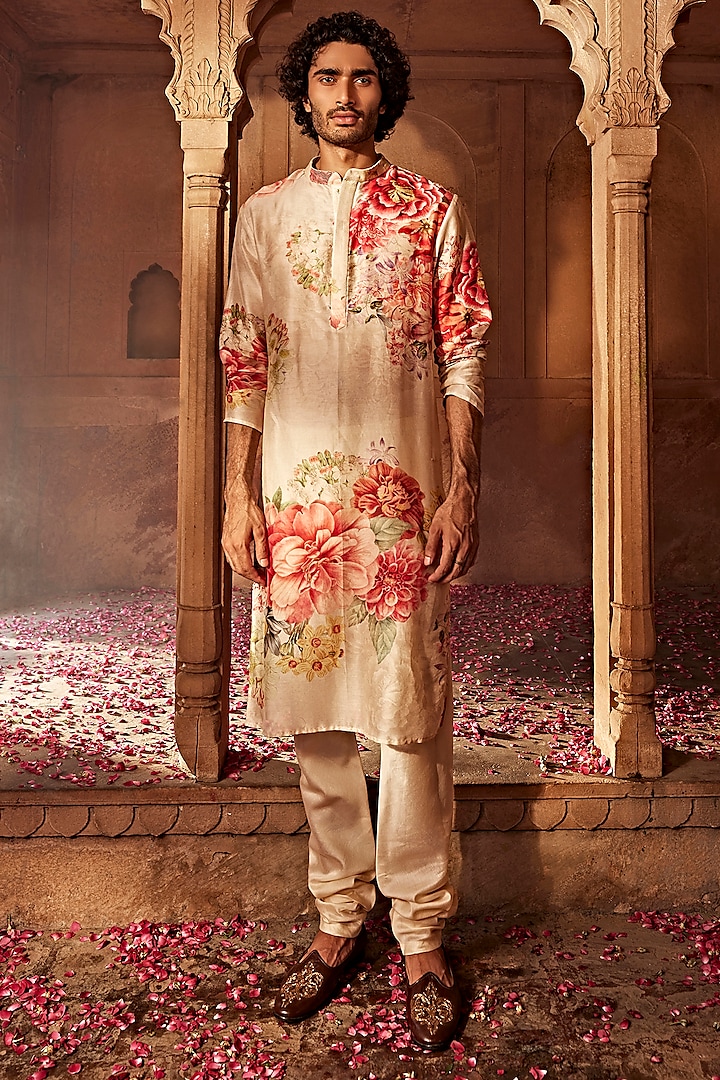 Beige Chanderi Floral Kurta Set by Kalista Men at Pernia's Pop Up Shop