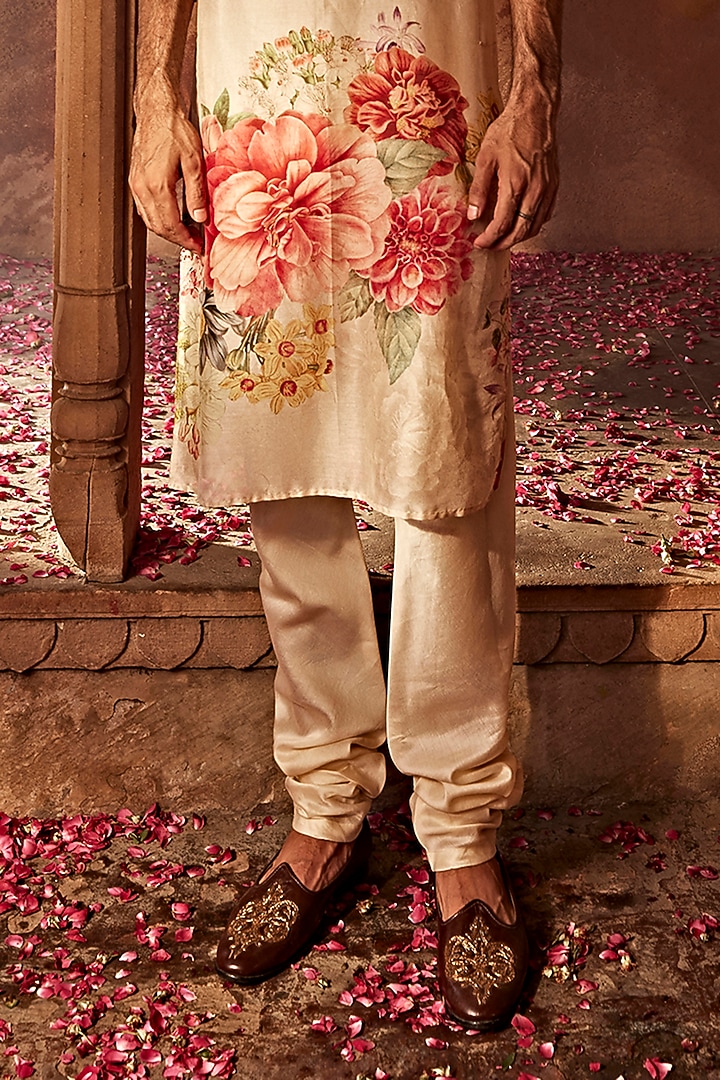 Beige Chanderi Floral Kurta Set by Kalista Men at Pernia's Pop Up Shop