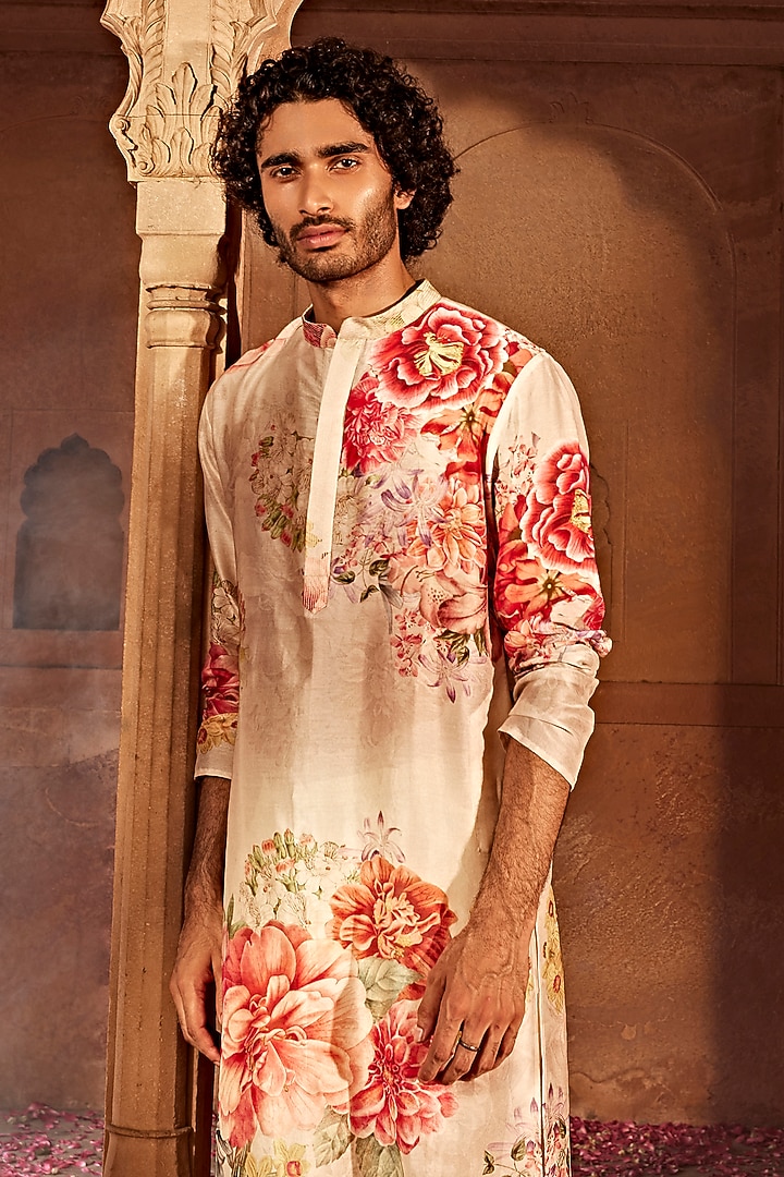 Beige Chanderi Floral Kurta Set by Kalista Men at Pernia's Pop Up Shop