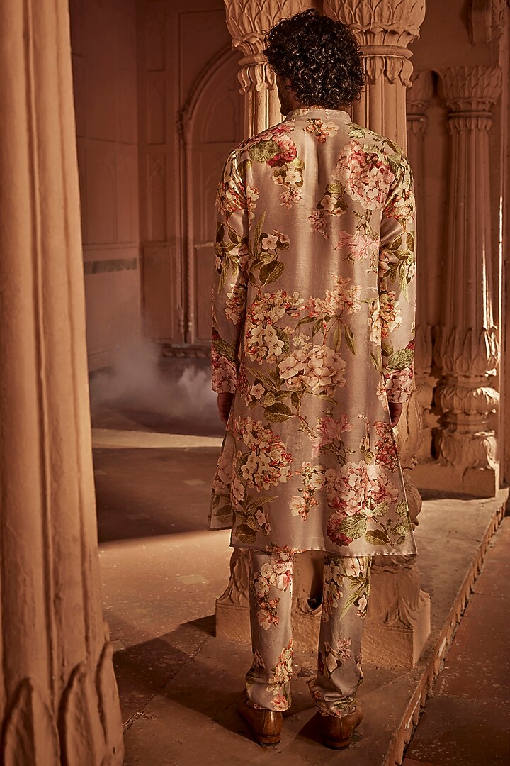 Stone Grey Chanderi Floral Printed Kurta Set by Kalista Men at Pernia's Pop Up Shop
