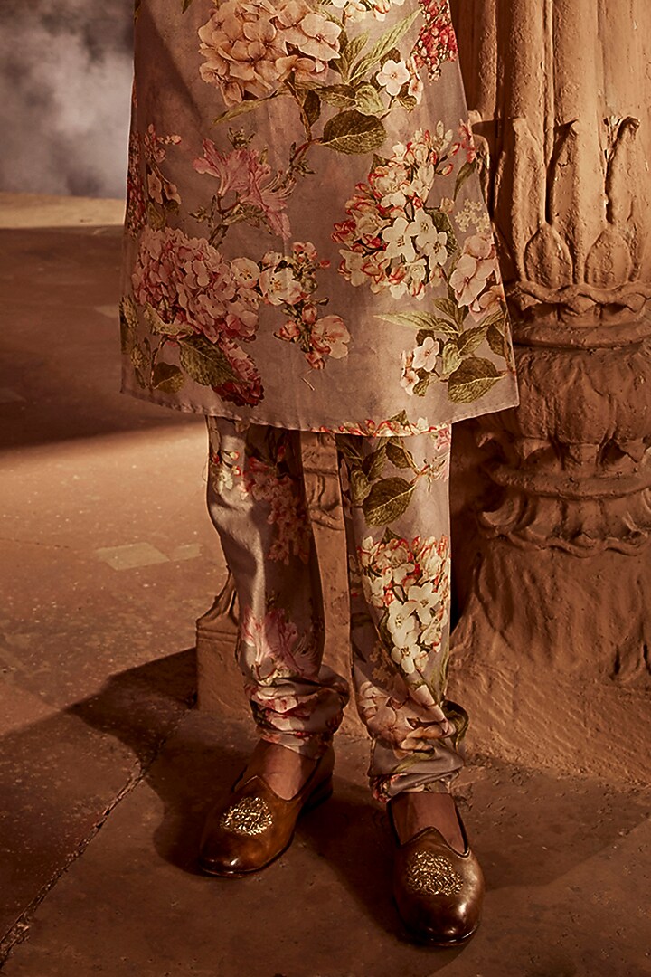 Stone Grey Chanderi Floral Printed Kurta Set by Kalista Men at Pernia's Pop Up Shop