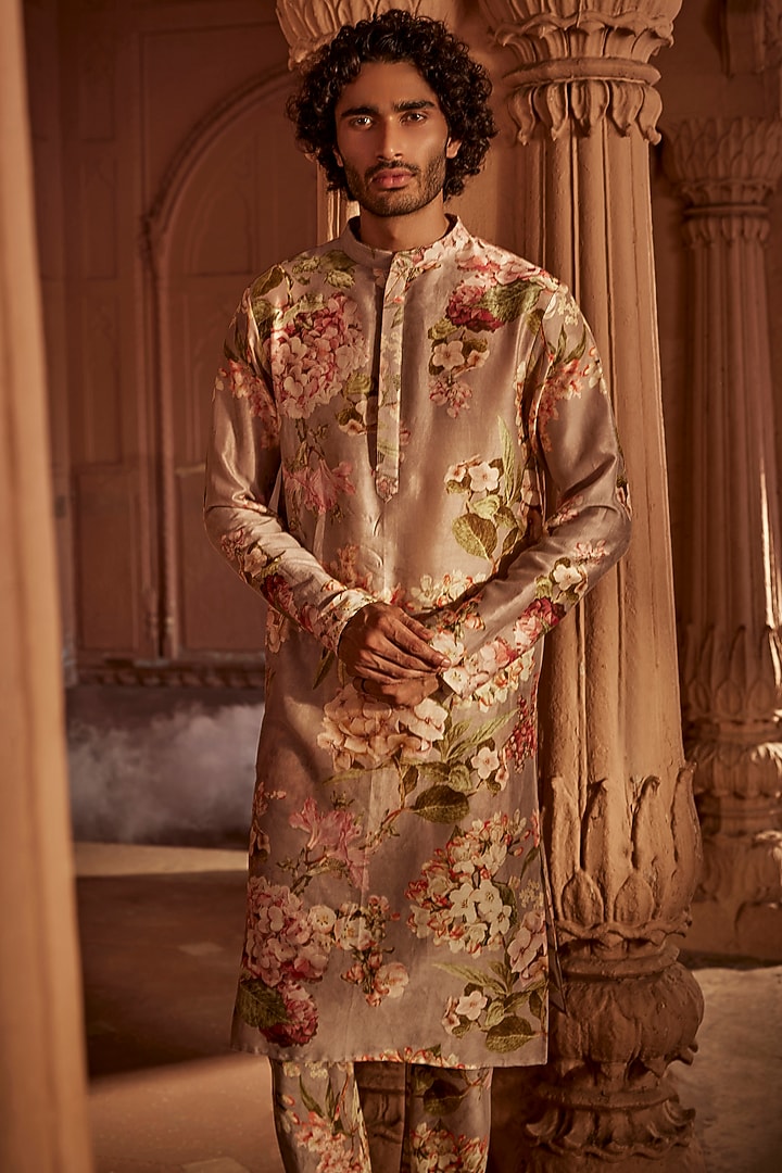 Stone Grey Chanderi Floral Printed Kurta Set by Kalista Men at Pernia's Pop Up Shop