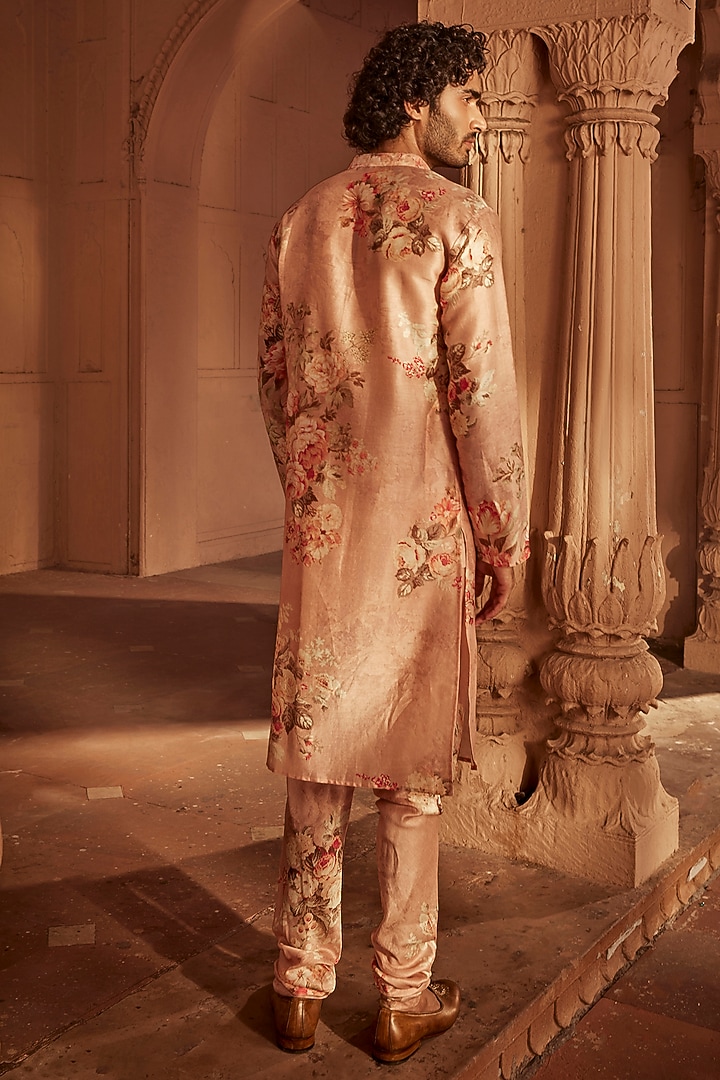 Blush Pink Chanderi Floral Kurta Set by Kalista Men at Pernia's Pop Up Shop