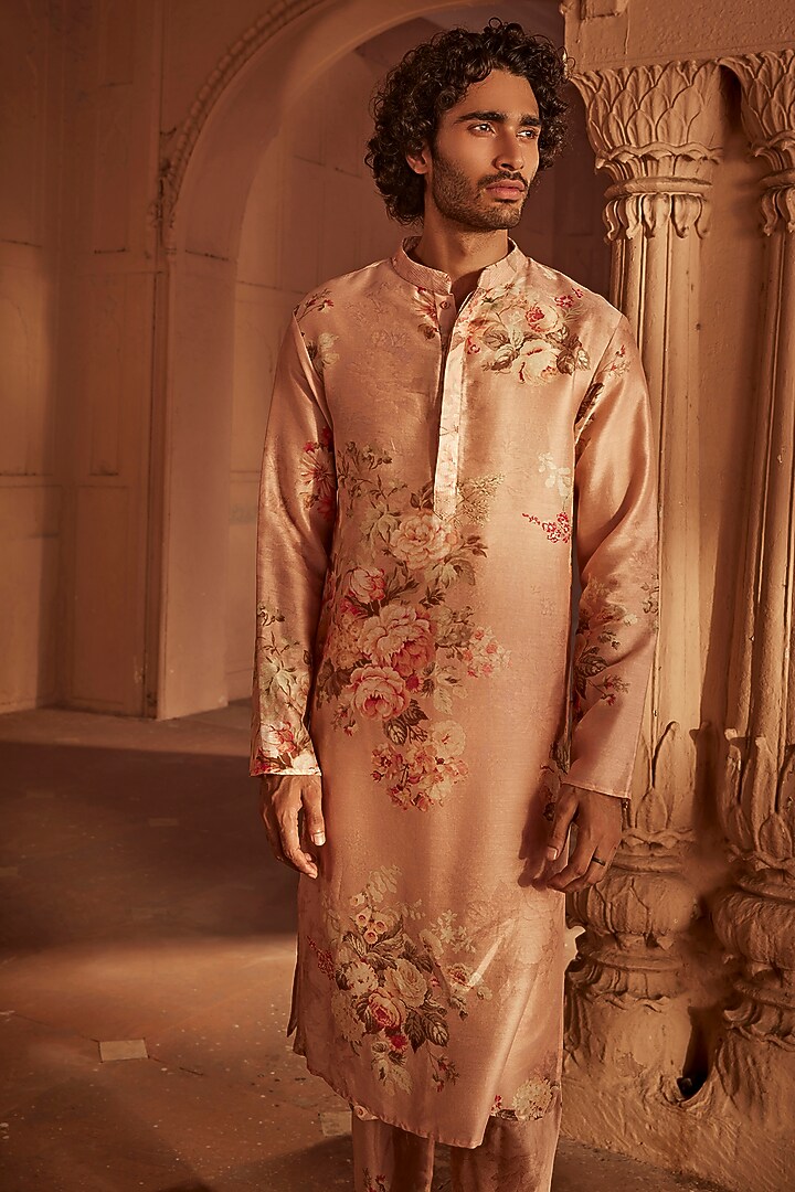 Blush Pink Chanderi Floral Kurta Set by Kalista Men at Pernia's Pop Up Shop