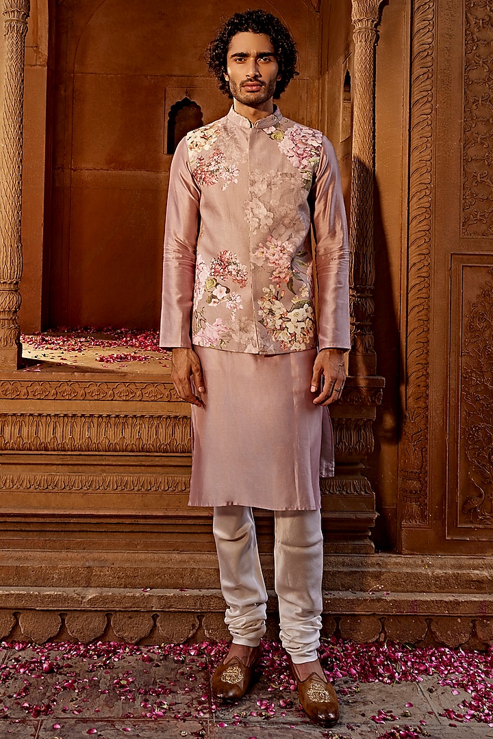 Lilac Raw Silk Floral Printed Bundi Jacket Set by Kalista Men