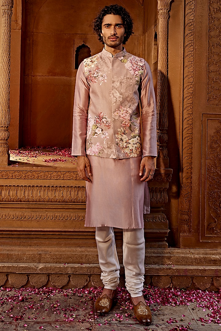 Lilac Raw Silk Floral Printed Bundi Jacket Set by Kalista Men at Pernia's Pop Up Shop