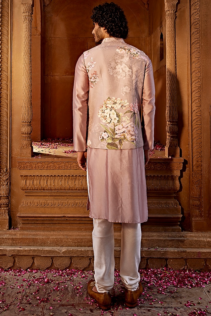 Lilac Raw Silk Floral Printed Bundi Jacket Set by Kalista Men at Pernia's Pop Up Shop