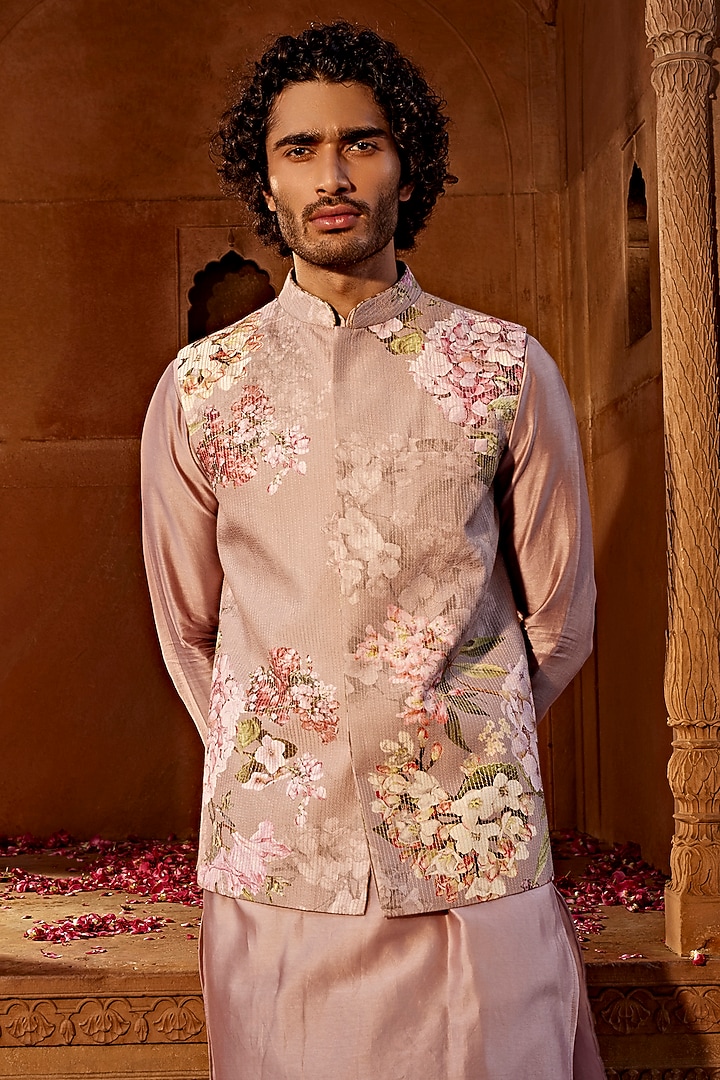 Lilac Raw Silk Floral Printed Bundi Jacket Set by Kalista Men at Pernia's Pop Up Shop