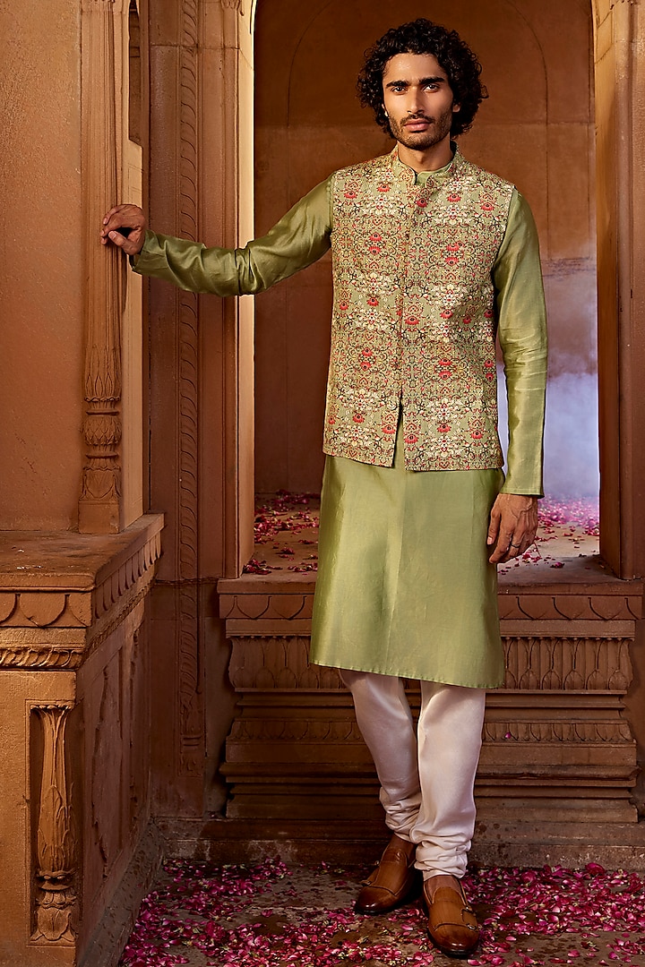 Olive Green Raw Silk Floral Printed Bundi Jacket Set by Kalista Men